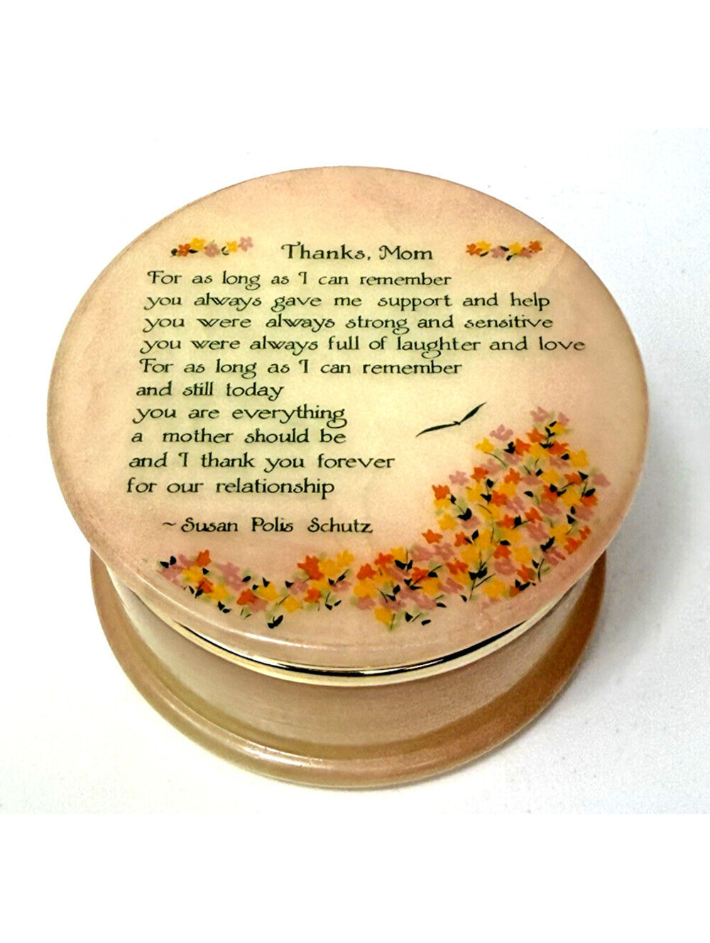Vtg Alabaster Carved Trinket Jewelry Round Box Peach Mother Poem Italian
